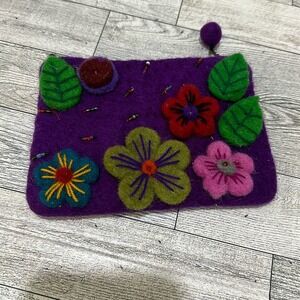 Handmade purple floral felt coin purse 100% wool